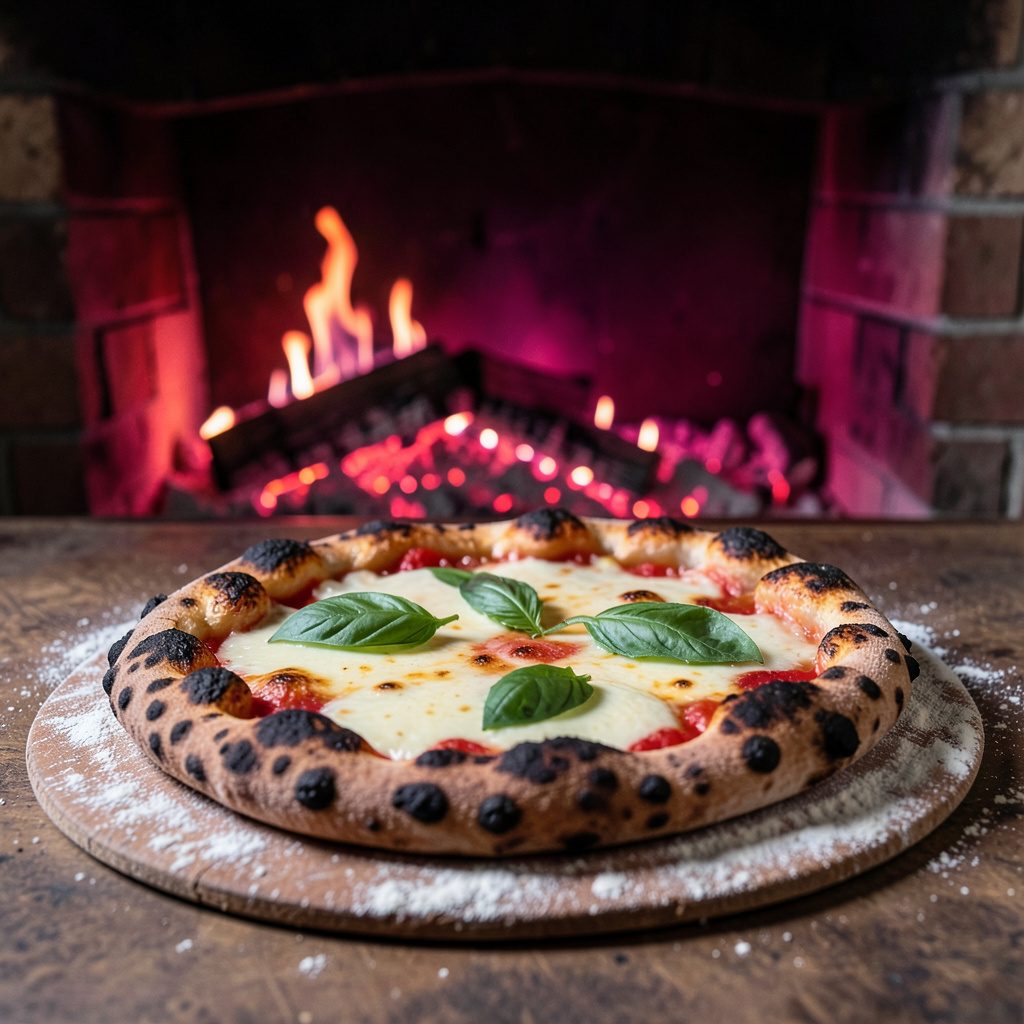 A rustic wood-fired pizza with charred crust, melted mozzarella, and fresh basil leaves on a flour-dusted peel, set against a backdrop of glowing brick oven embers.