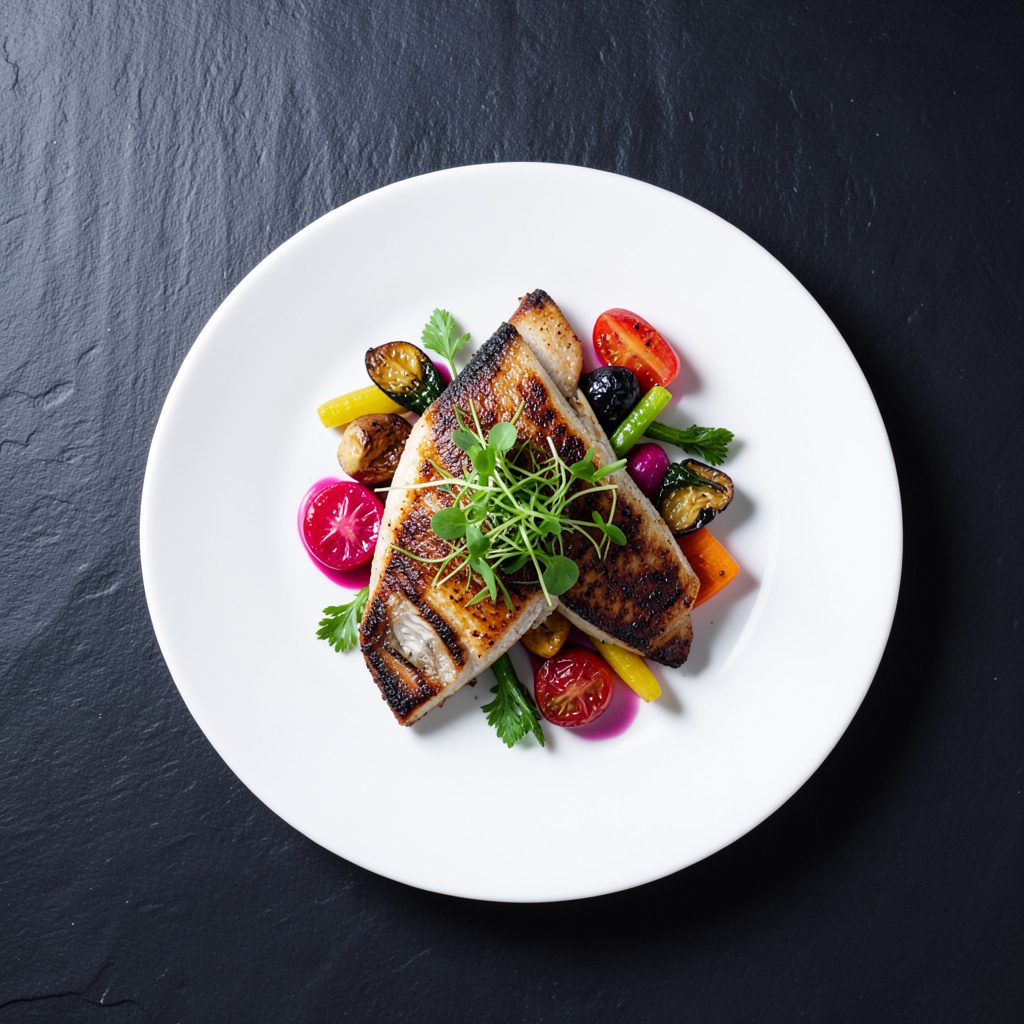 Elegant plate of seared fish with vibrant green herb garnish and colorful roasted vegetables on white ceramic, photographed from above on a dark slate table.