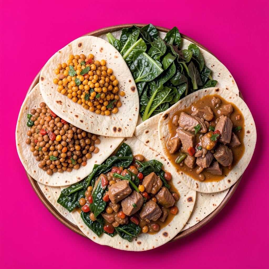 A colorful spread of Ethiopian injera bread topped with spiced lentils, collard greens, and tender lamb stew, arranged on a large shared platter.