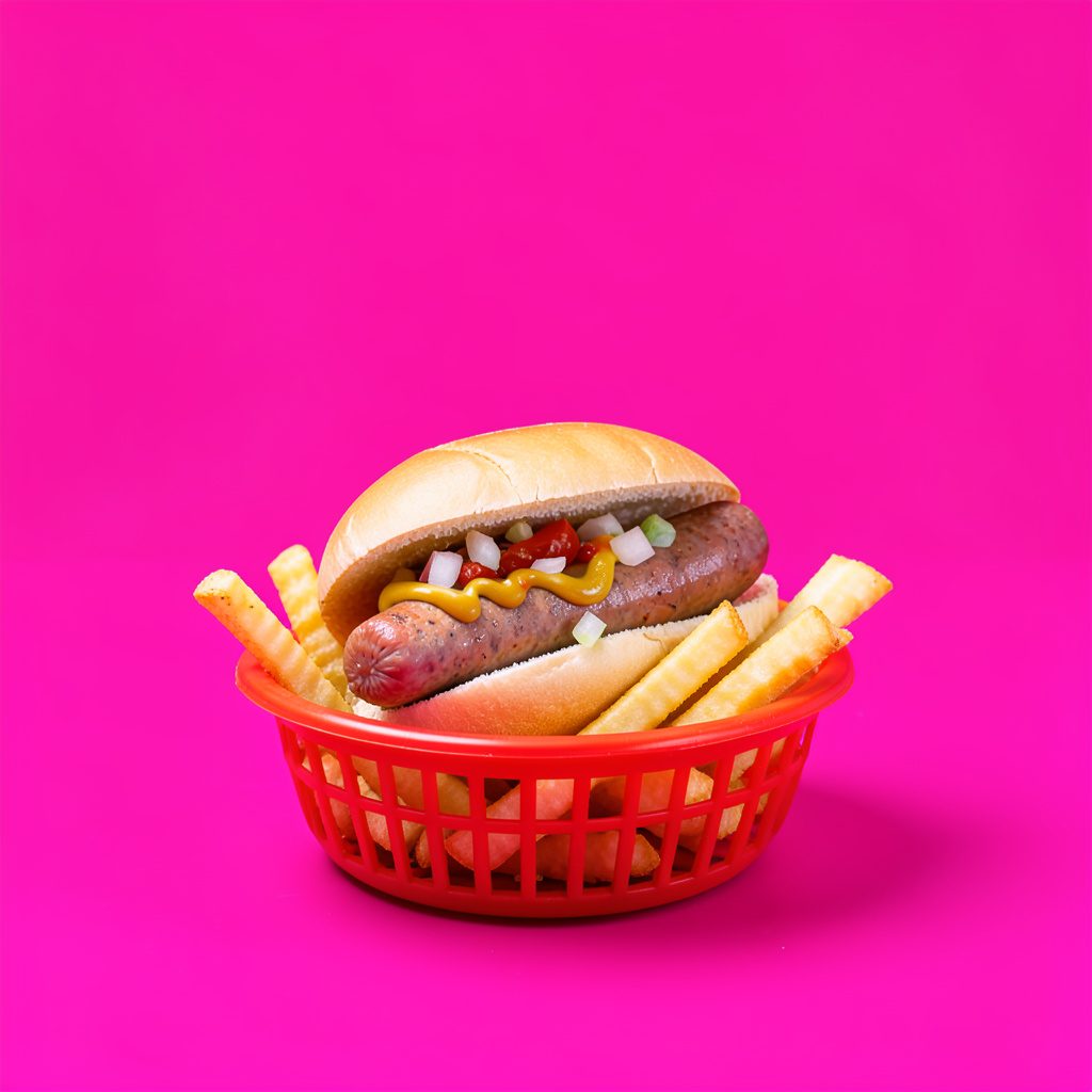 A half-smoke sausage nestled in a soft bun with mustard, chili, and diced onions, served in a red plastic basket with crinkle-cut fries on the side.