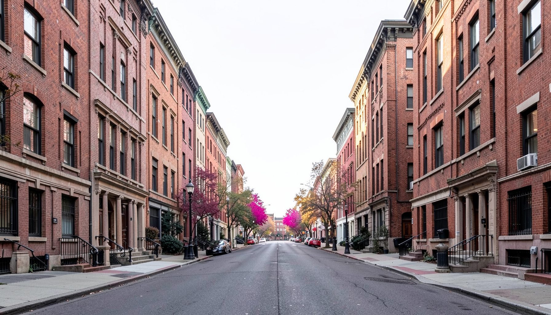 A clean architectural photograph of a symmetrical Washington DC streetscape with classic brick row houses, soft morning light, and a calm, orderly atmosphere.