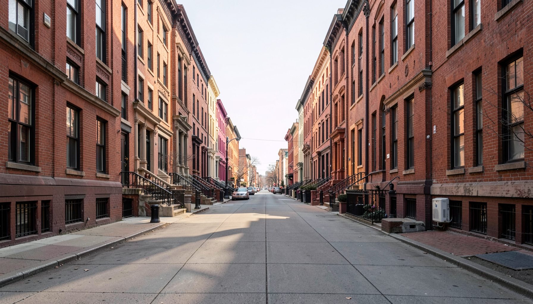 A clean architectural photograph of a symmetrical Washington DC streetscape with classic row houses, warm brick tones, and soft morning light casting long shadows across the sidewalk.